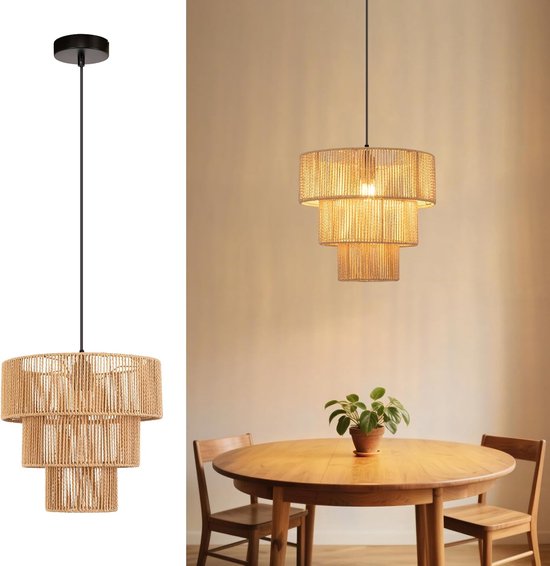 Glitzerlife - Hanglamp - Rattan Boho Design - Ø35cm 1-lichts E27 Fitting - Geschikt voor Eettafel, Woonkamer, Slaapkamer, Keuken, Gang, Bar, Restaurant - Exclusief Lichtbron