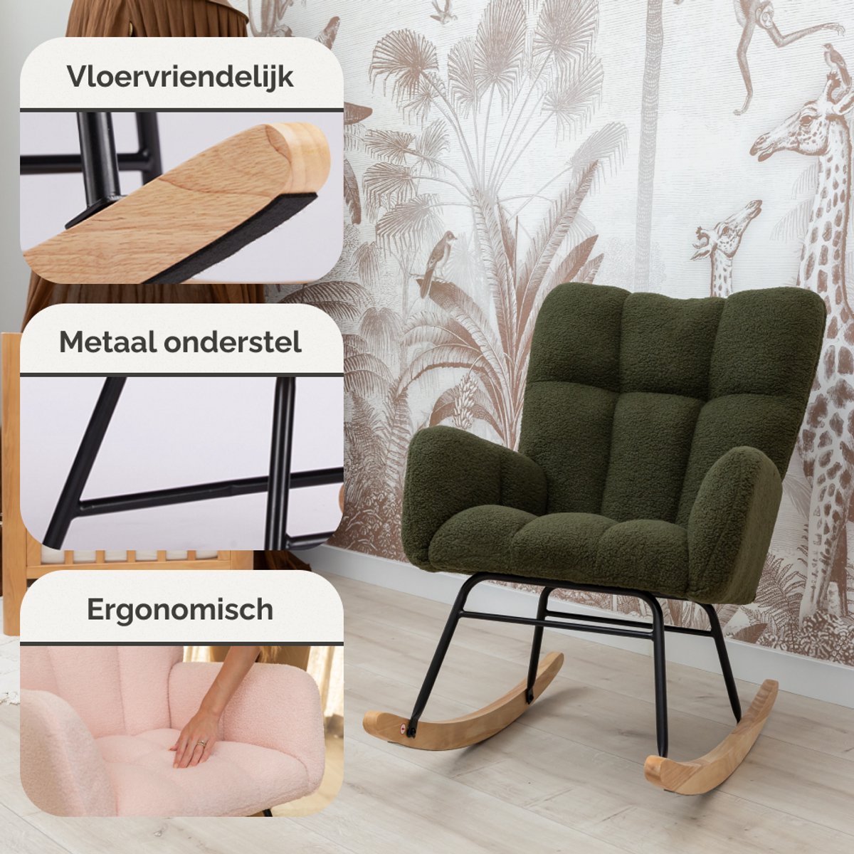 SITTT Schommelstoel - Relaxstoel babykamer - Fauteuil - Voedingsstoel - Donker Groen — afbeelding 4