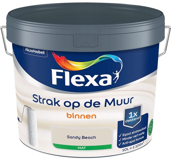 Flexa - Strak op de Muur Binnen Muurverf Mat - Sandy Beach - Mengverf - 10 Liter - 100m2 - Voor binnen - Beige - Egaal eindresultaat - Minder verf nodig - Anti-spat formule1x dekkend - Biobased (hernieuwbare) ingrediënten