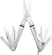 Zilverkleurige Leatherman Micra multitool met zes tools opengeklapt, waaronder een schaar en mes.