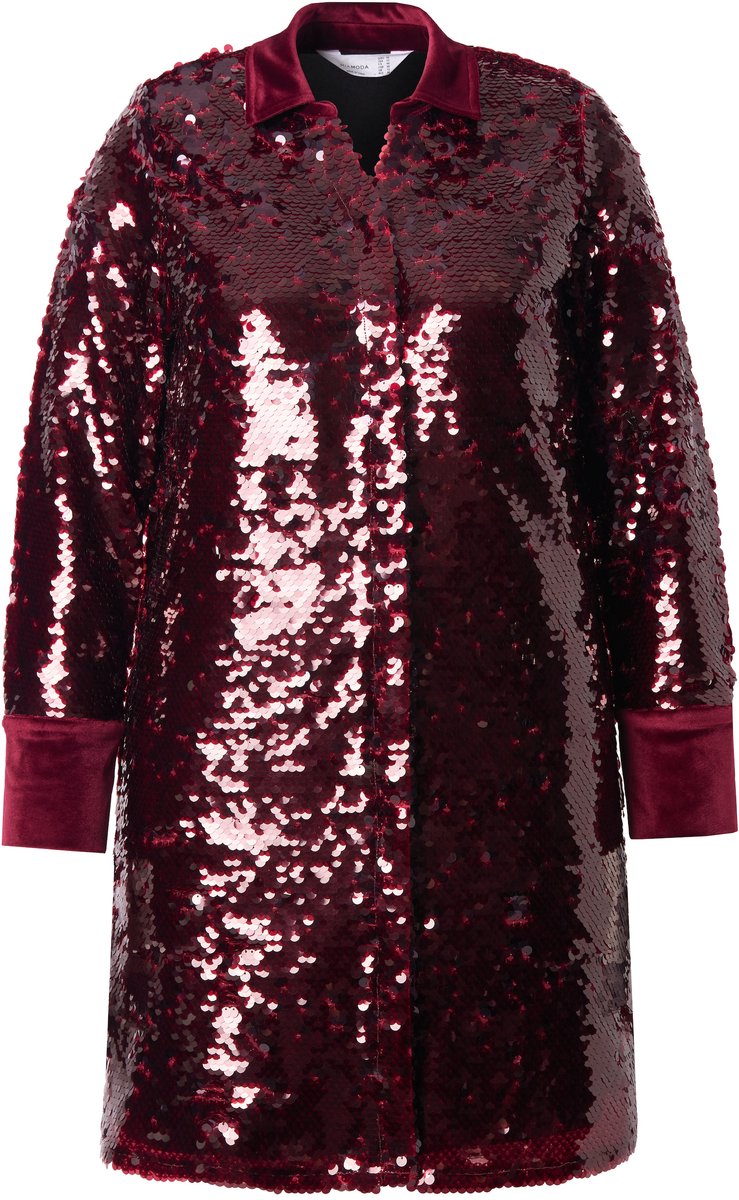 MIAMODA - Dames - lange blouse transparant met paillettenmotief - Fluweelrood - Maat 42