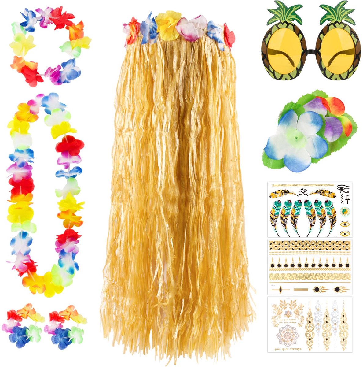 Hawaii Costume Set for Women 10 Pieces with Grass Skirt Necklace Hair Clip Headband Pineapple Glasses 2 Pieces Bracelets and 3 Sheets Tattoos Hawaiian Costume Accessories for Beach Party