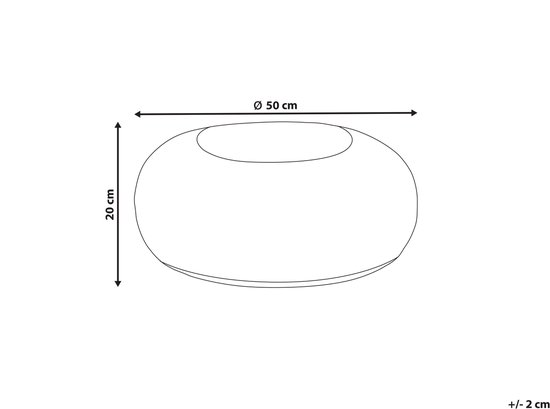 Maattekening van een ronde poef met een diameter van 50 cm en een hoogte van 20 cm, met een foutmarge van +/- 2 cm.