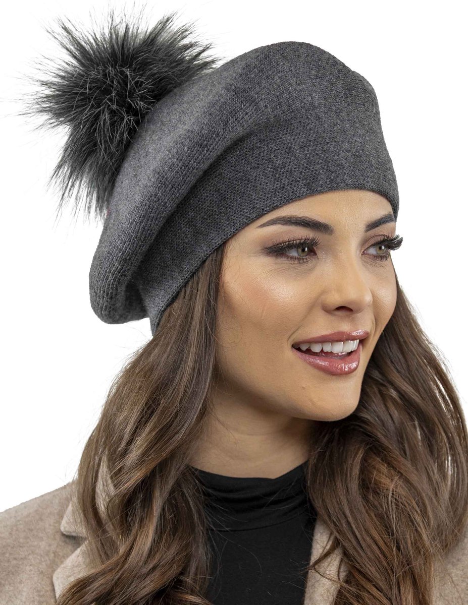 Vivisence Dames Winter Baret En Sjaal Set - Wolmix Met Wol En Acryl Met Pompon Van Imitatiebont - Zacht Comfort Voor Koude Dagen Elegant Bij Alledaagse En Chique Outfits Afmetingen Sjaal 166 X 29 cm - Donkergrijs — cadeau in Mode & Accessoires - foto 4