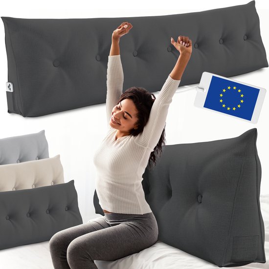 ELONEO Rugsteunkussen – Driehoekig Wigkussen & Hoofdbordkussen voor Bed of Sofa - Wasbare Hoes - 200 cm