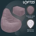 Lila beanbag stoel met poef, gemaakt van zacht corduroy stof en gevuld met polystyreen EPS-korrels.