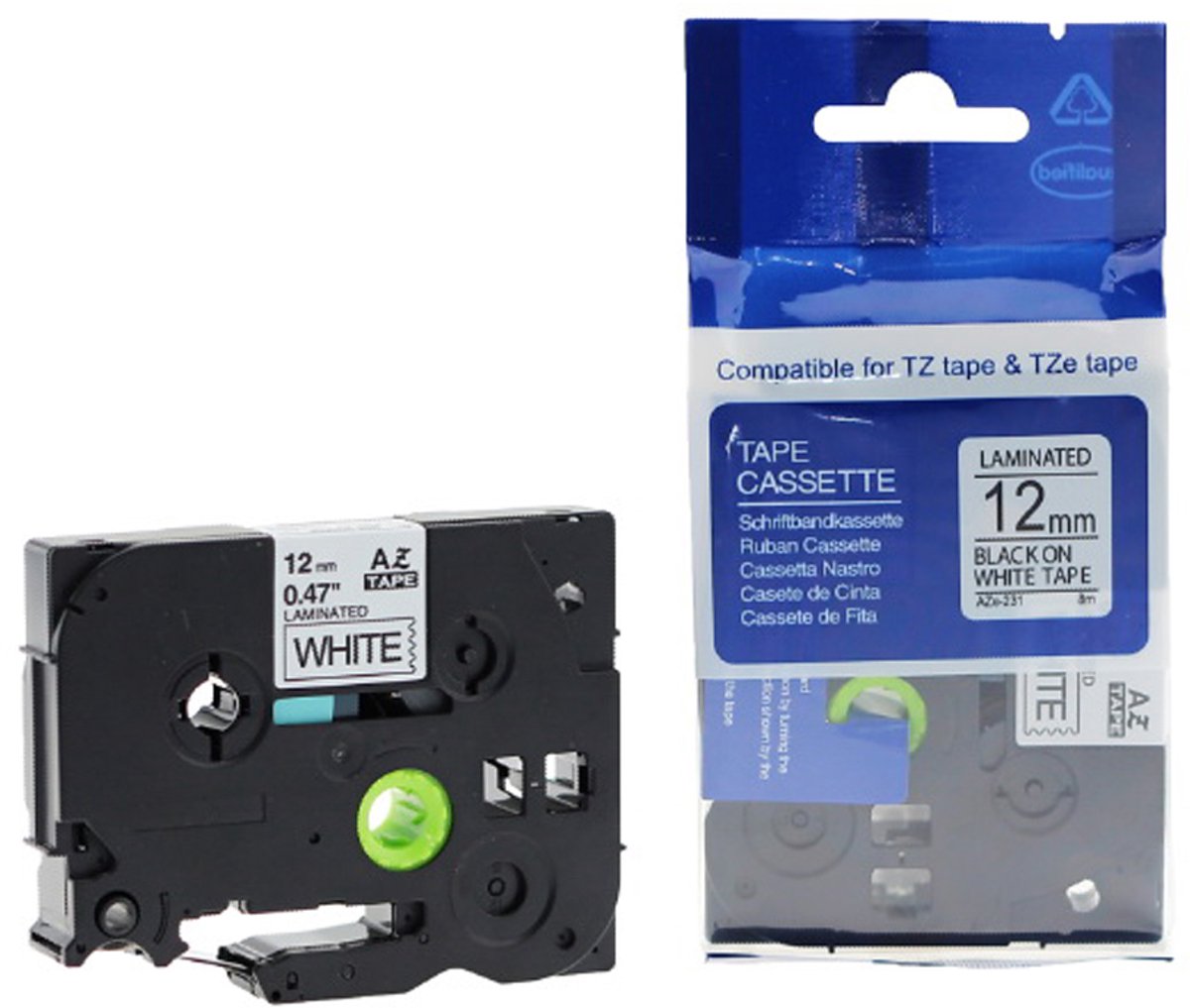 Schriftbandcassette wit op zwart 12mm x 8m voor P-touch labelprinters
