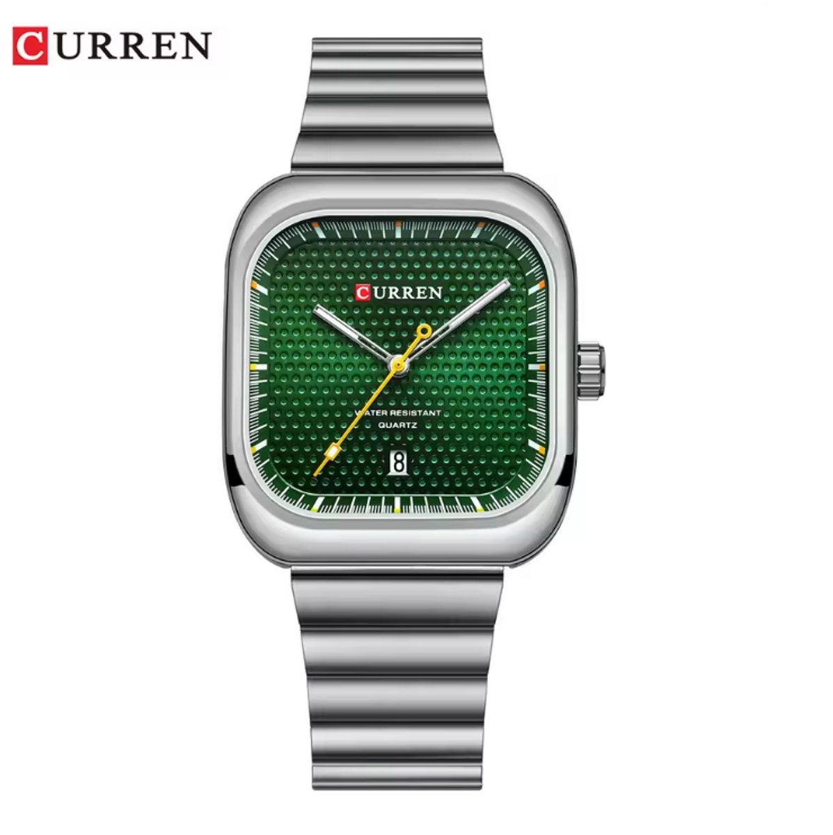 CURREN Horloge 8460 - Zilverkleurig-Groen - Heren - Quartz - Vierkante Kast - Kalender - Stalen Band - Modern en Uniek