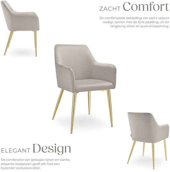 Ensemble de trois chaises grises en velours aux pieds dorés, sous différents angles.