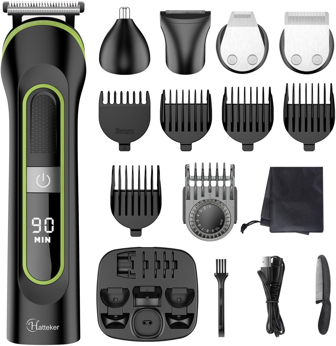 Hatteker 5-in-1 Tondeuse en Trimmer Set voor Heren – Haarknipper, Baardtrimmer, Scheerapparaat, Neus- en Oortrimmer – Draadloos en Waterdicht – Zwart