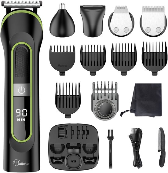 Zwart en groen scheerapparaat met 90 minuten batterijduur, met diverse opzetstukken, laadstation en accessoires.