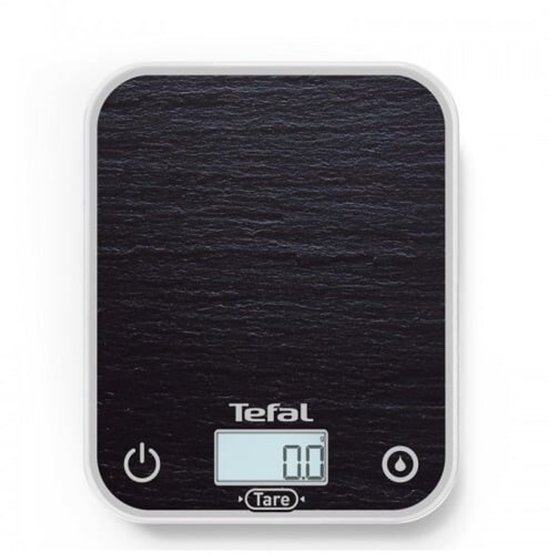 Balance de cuisine numérique Tefal avec surface noire texturée imitation pierre et un écran numérique.