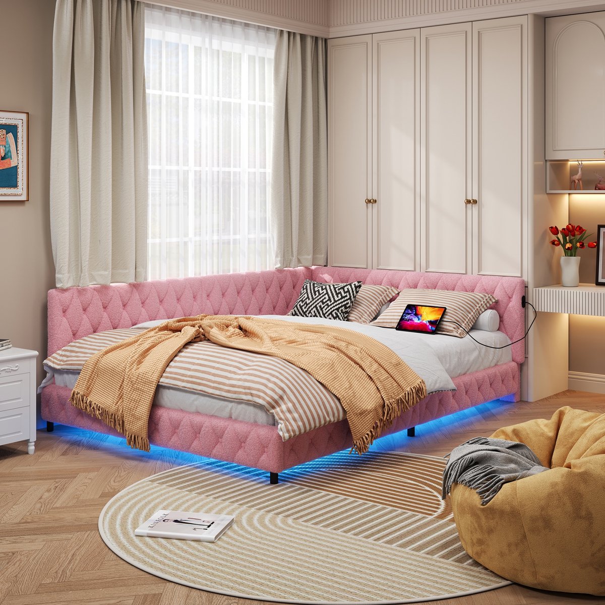 ROSAHQNDA Gestoffeerde slaapbank 140x200 met ledverlichting en USB-oplaadpoort, kinderbed, slaapbank, teddystof, zonder matras, Teddt-stof, roze (splitsen voor 2 pakketten voor verzending)