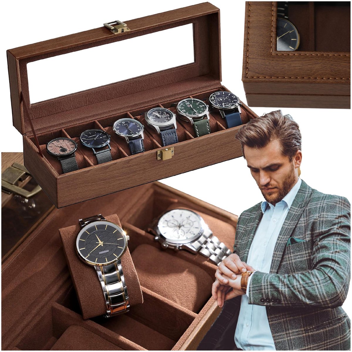 Luxe Horloge Organizer Koffer voor 6 Horloges - Bruin