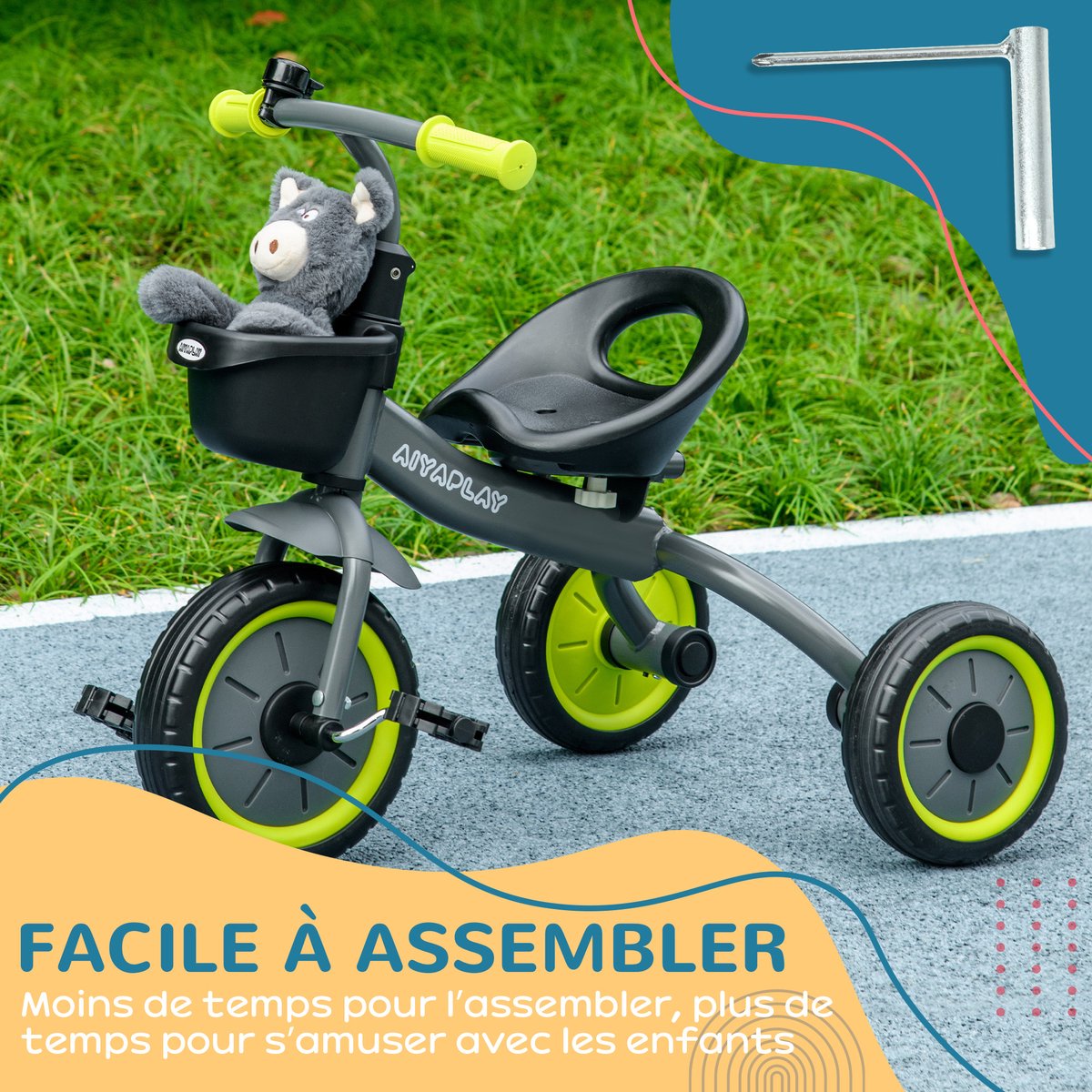 AIYAPLAY Kinderdriewieler - Metaal - 70,5x53x58cm - Zwart
