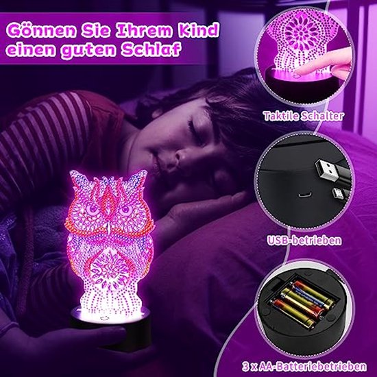 3D Creatieve Uilen Nachtlamp voor Kinderen - DIY Diamond Painting Lamp - Perfect Cadeau voor Verjaardag en Kerst — afbeelding 5