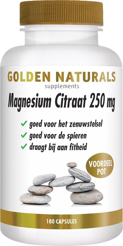 Witte pot Golden Naturals Magnesium Citraat 250 mg. Goed voor zenuwstelsel, spieren en fitheid. Bevat 180 capsules.