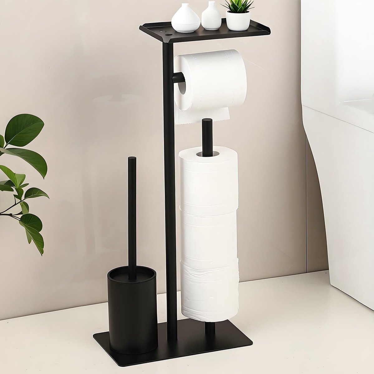 Azomor® Stijlvolle vrijstaande toiletrolhouder met geïntegreerde borstel en opbergruimte