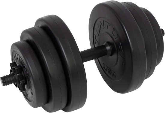 Zwarte verstelbare dumbbell met opgestapelde gewichtsplaten en schroefsluitingen.