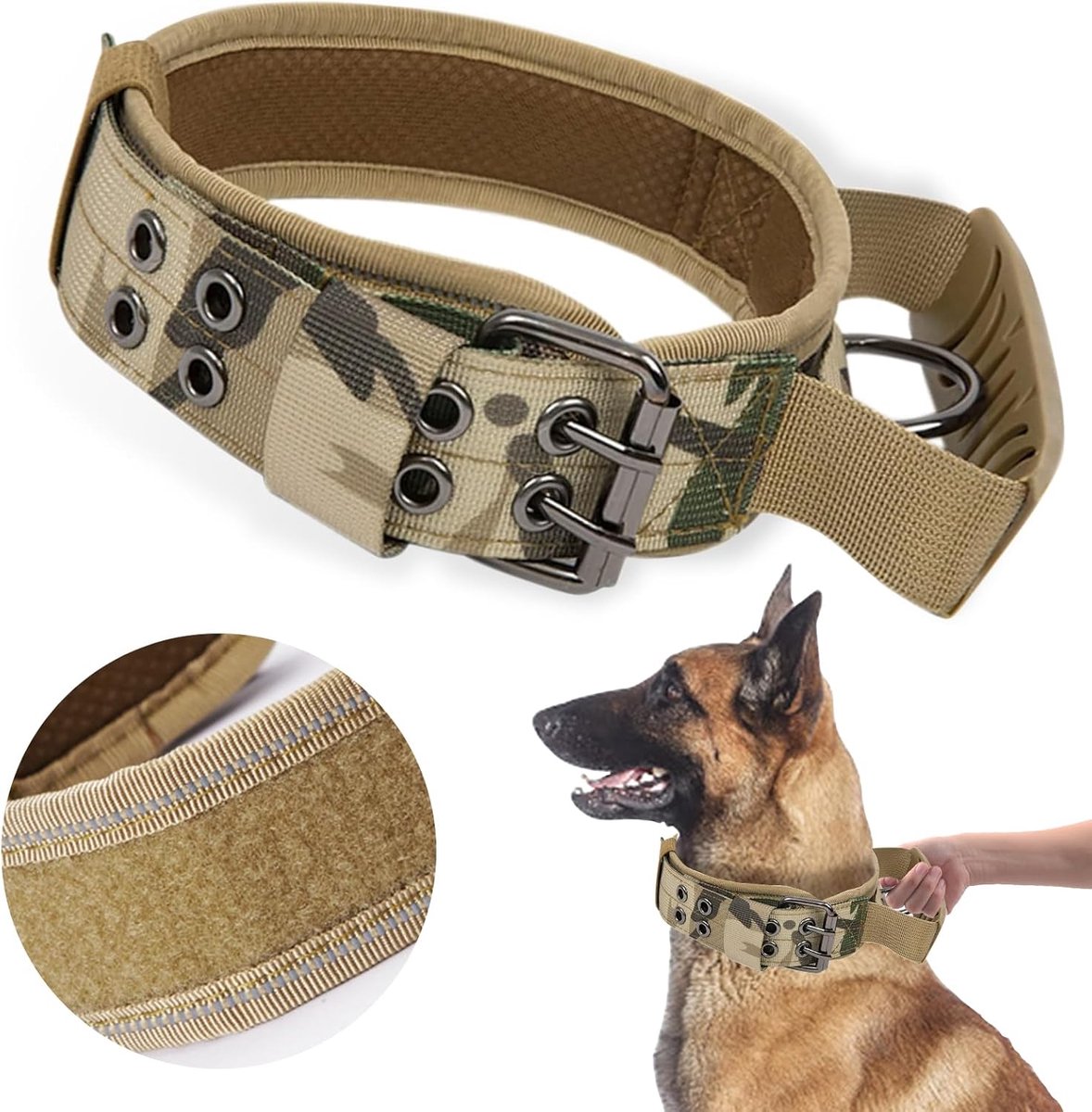 Tactische hondenhalsband, verstelbare nylon hondenhalsband met handvat, metalen gesp, gewatteerde reflecterende halsband, geschikt voor middelgrote honden, grote hondentraining en jacht (L)