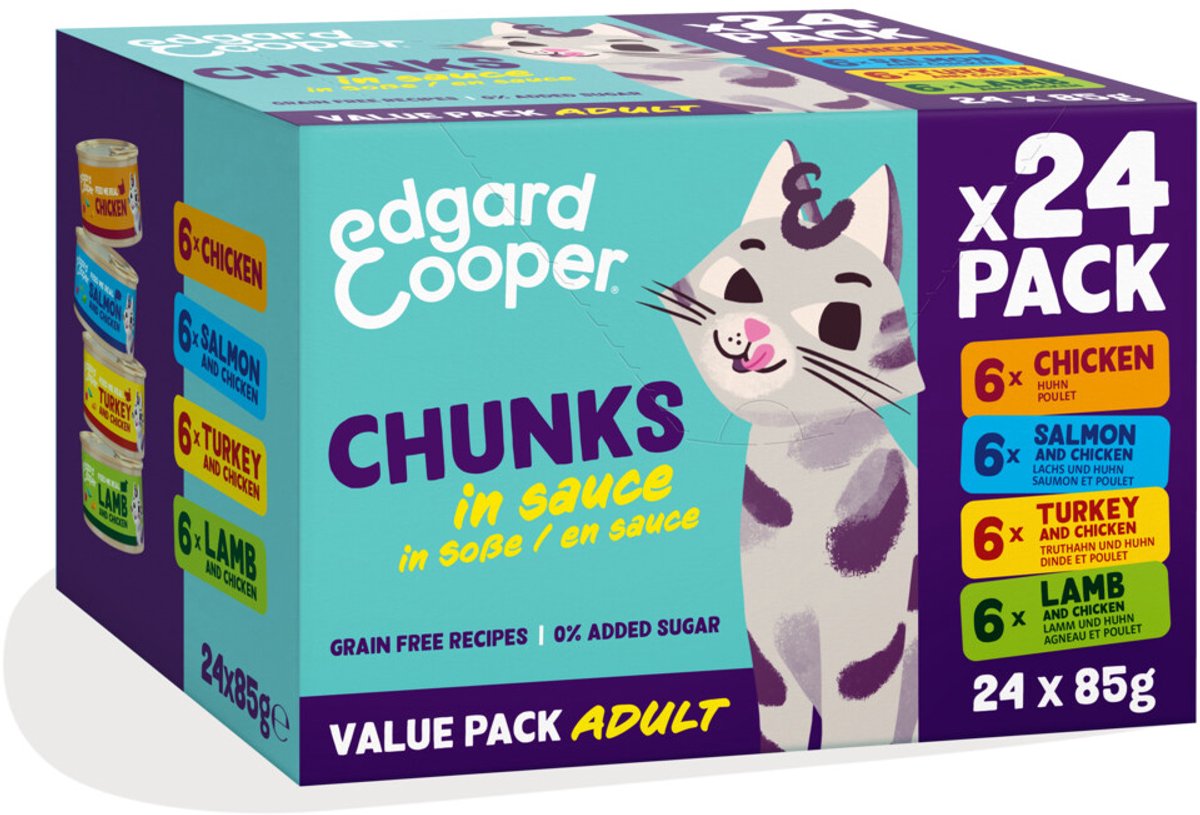 Edgard & Cooper Edgard & Cooper Adult Chunks Kattenvoer Nat Kip & Zalm & Kalkoen & Lam - 24 x 85 gr