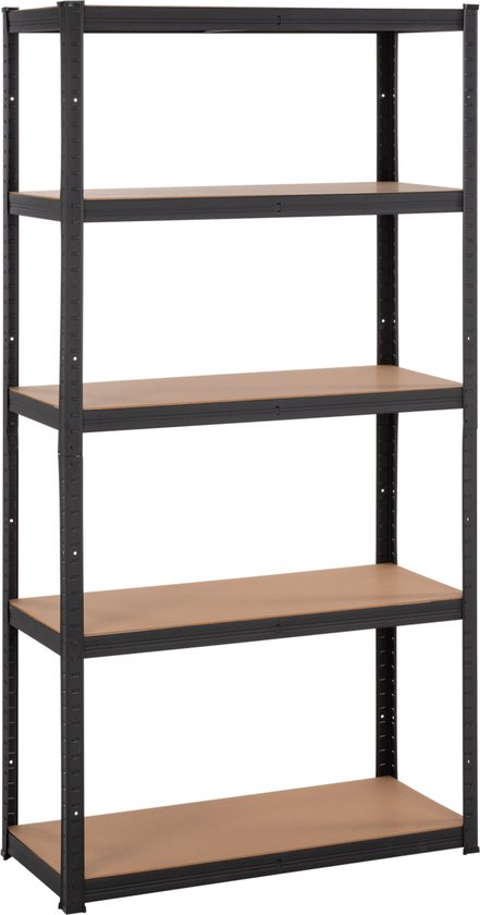 Een zwarte stellingkast met 5 houten planken, op witte achtergrond.