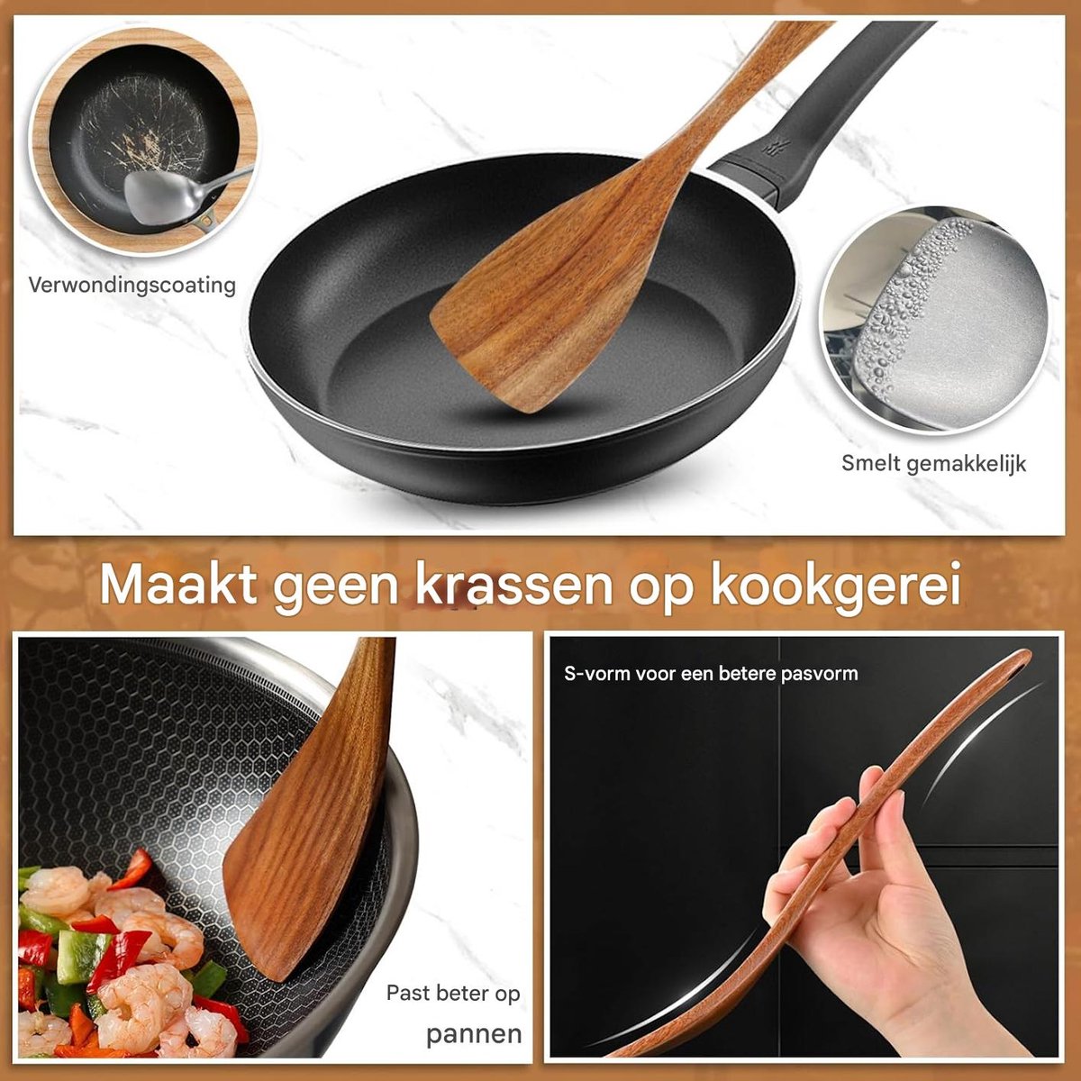 Houten kooklepelset, 9-delig, natuurlijke houten lepelset met houder Houten kooklepelset, 9-delig, natuurlijke houten lepelset met houder
