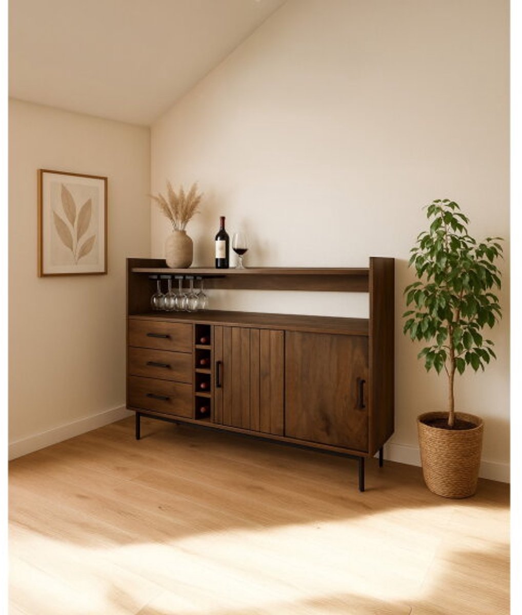 Barkast Vrystaat met schuifdeuren & lades – Massief Mangohout Brown Walnut – 160x42x127 cm