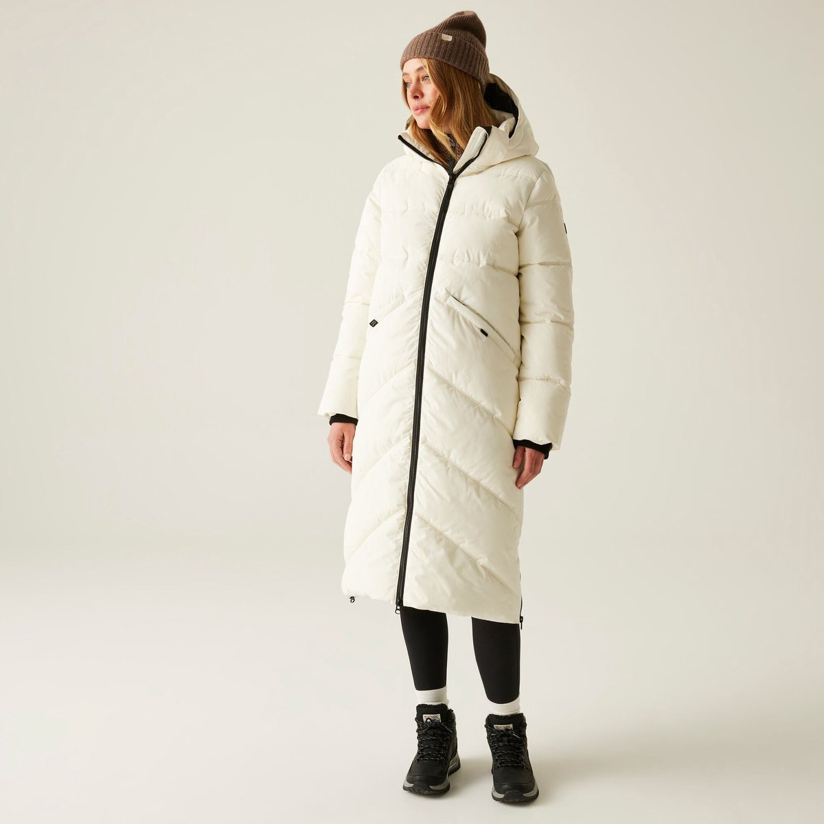 Ujeane waterafstotende lange donsjas met capuchon voor dames Beige