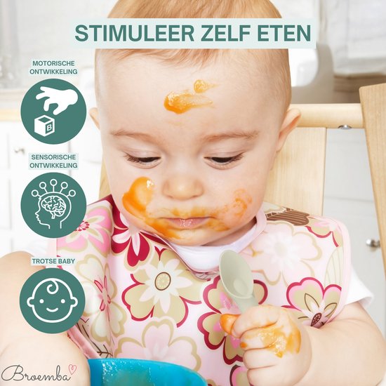 Bébé avec bavoir et peinture sur le visage, avec le texte 'Stimuler l'auto-alimentation'.