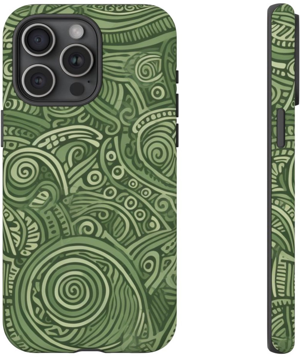 Abstract Groen Tribal Doodle Patroon – Telefoonhoesje Geschikt voor iPhone 15 Pro Max
