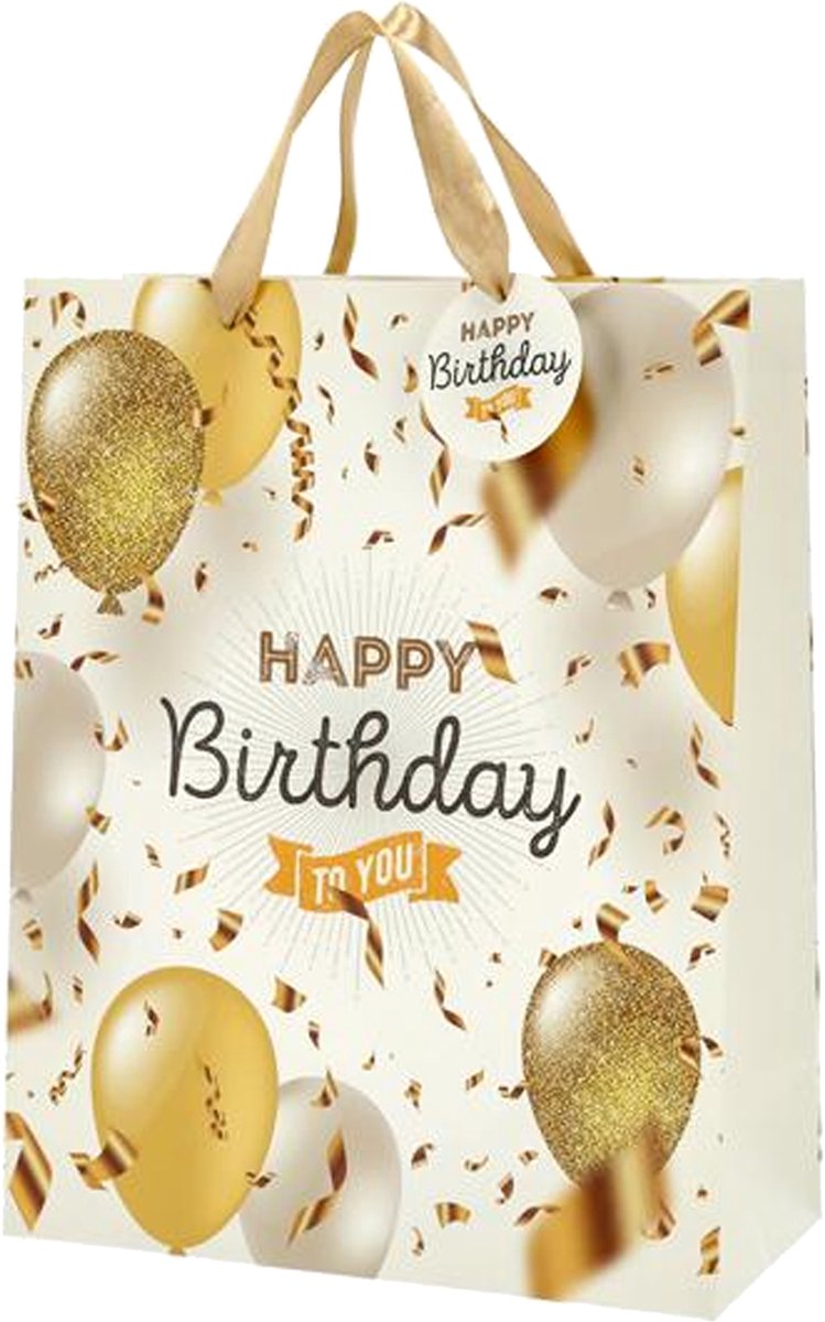 Cepewa verjaardag giftbags/cadeau tasjes - goud - papier - happy birthday - ballonnen - 25 x 32 x 12 cm