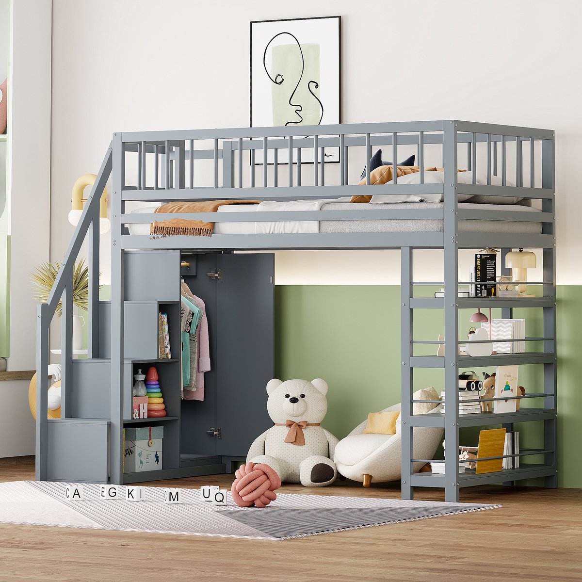 Pugsdrly Hoogslaper 90 x 200, hoog veiligheidshek met kledingkast, planken en opbergruimte met veiligheidsladder, multifunctioneel bed, massief houten bed, grijs
