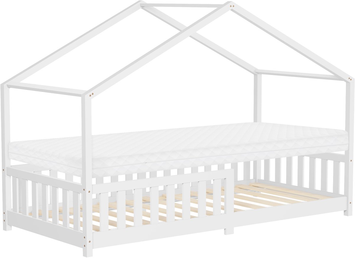 ml-design Montessori kinderbed huisbed 90x200 cm wit met matras H:10 cm houten bed valbeveiliging lattenbodem dak speelbed grenenhout meisjes jongens kinderen junior vloerbed bedframe kinderkamer speels houten huisbed
