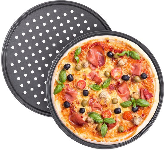 4x pizzaplaat rond - pizza bakplaat - rond - antiaanbaklaag - geperforeerd grijs