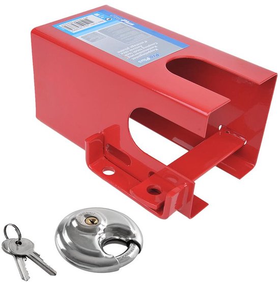 Rood koppelingsslot van ProPlus met een rond RVS discusslot en twee sleutels. Productinformatie op de verpakking.