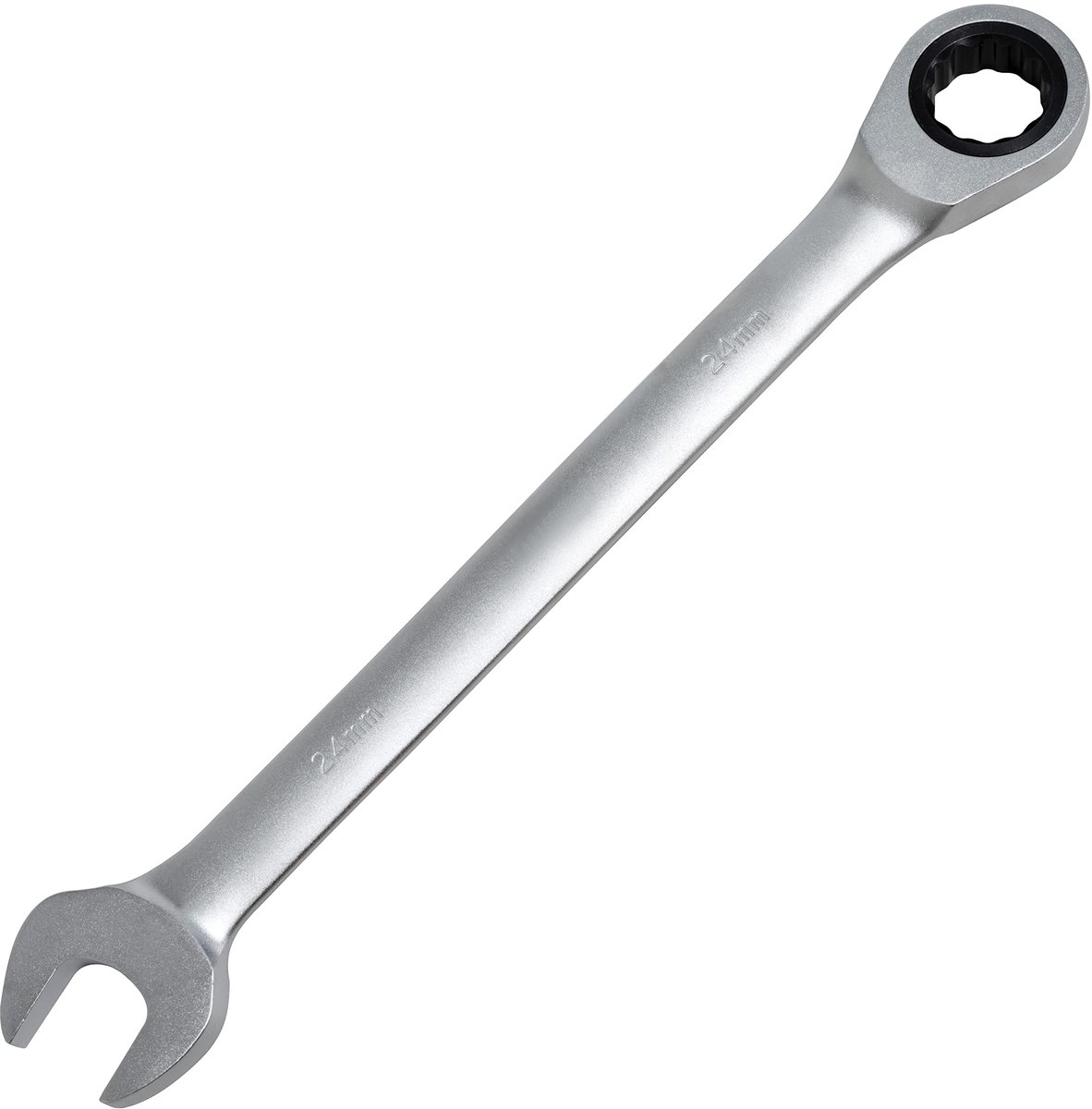 24 mm ratelsleutel met open eind van CR-V staal, 330 mm lang en voorzien van ergonomisch handvat voor comfortabel en efficiënt gebruik, zilverkleurig