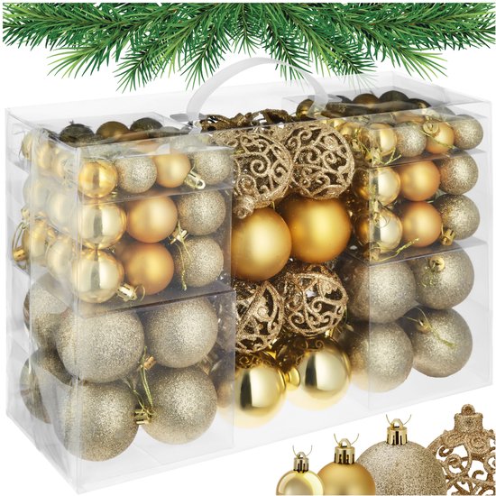 tectake® Set van 100 Kerstballen - Mat, Glanzend en Glinsterend Oppervlak - Kerstballen van Robuust Plastic - Kerstversiering met Opbergbox - Kerstboomversiering in Verschillende Maten - Goud