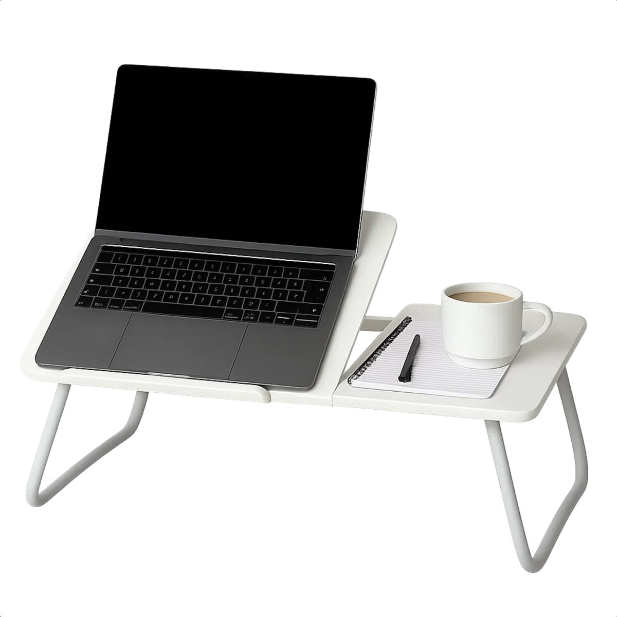 Lomera Verstelbare Bedtafel - Laptoptafel Verstelbaar - Inklapbare Laptoptafel - Ontbijt Op Bed - Anti-Slip Onderstel - Bekerhouder - Mdf Tafelblad - Wit Tafelblad - Metalen Frame - Deelbaar Blad - Hoogte Verstelbaar - Compacte Afmetingen nvt