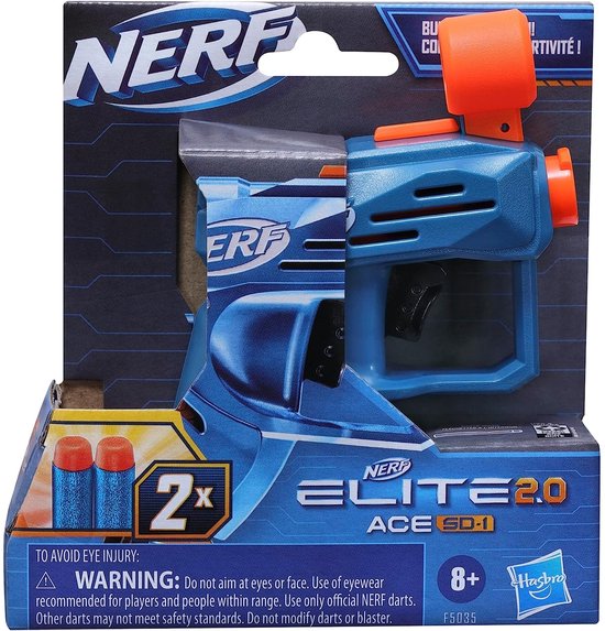 Nerf Elite 2.0 Ace SD-1 blaster in verpakking, blauw met oranje accenten.
