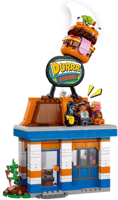 Restaurant Durrr Burger LEGO avec un gros burger en haut et un panneau "DURRR BURGER".