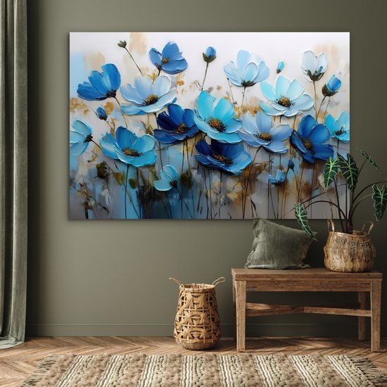 Aluminium schilderij 150x100 cm - Wanddecoratie metaal - Bloemen - Schilderij - Blauw - Metalen muurdecoratie woonkamer - Decoratie industrieel - Foto op dibond - Industriële accessoires slaapkamer