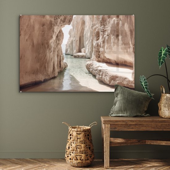 MuchoWow® Peinture sur verre 120x80 cm - Peinture sur verre acrylique - Rochers - Mer - Sable - Canyon - Photo sur verre - Décoration murale salon - Décoration murale chambre - Peintures