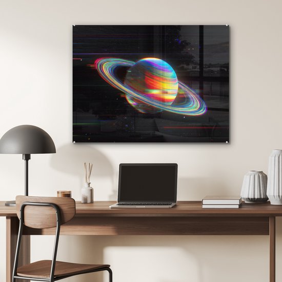 MuchoWow® Glasschilderij 80x60 cm - Schilderij acrylglas - Planeet - Cirkel - Kleurrijk - Foto op glas - Muurdecoratie woonkamer - Wanddecoratie slaapkamer - Schilderijen