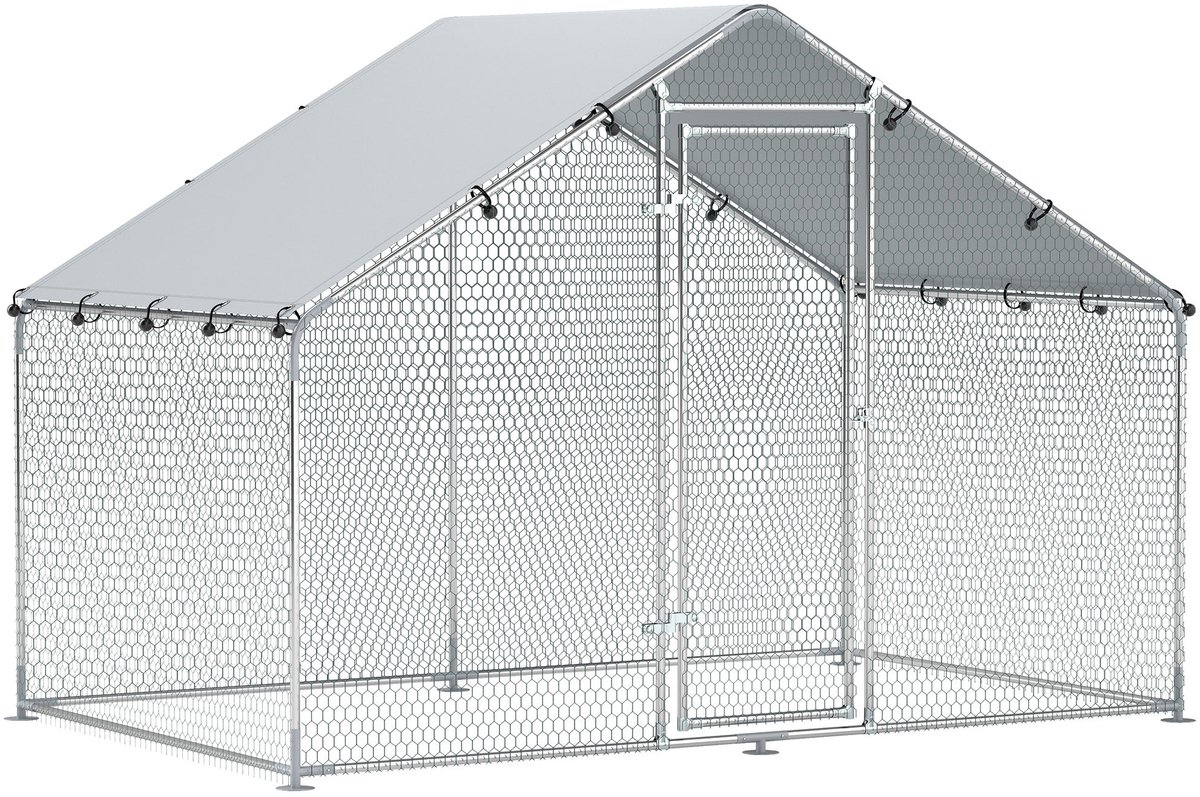 Merax Kippenren met Waterdicht Anti UV Dak - Kippenhok met Ren - Stalen Kippenkooi 3x1.7x1.9m - Buitenren Voor Kippen En Kleine Dieren - Zilver