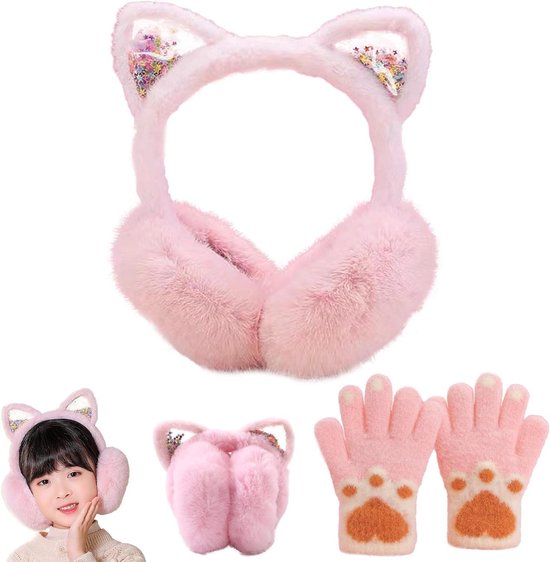 Theaque Pluizige oorbeschermer voor vrouwen pluche opvouwbare oorbeschermers kinderen winter oorbeschermers meisjes jongens koud weer oorwarmer, Wit, 19X11X5CM