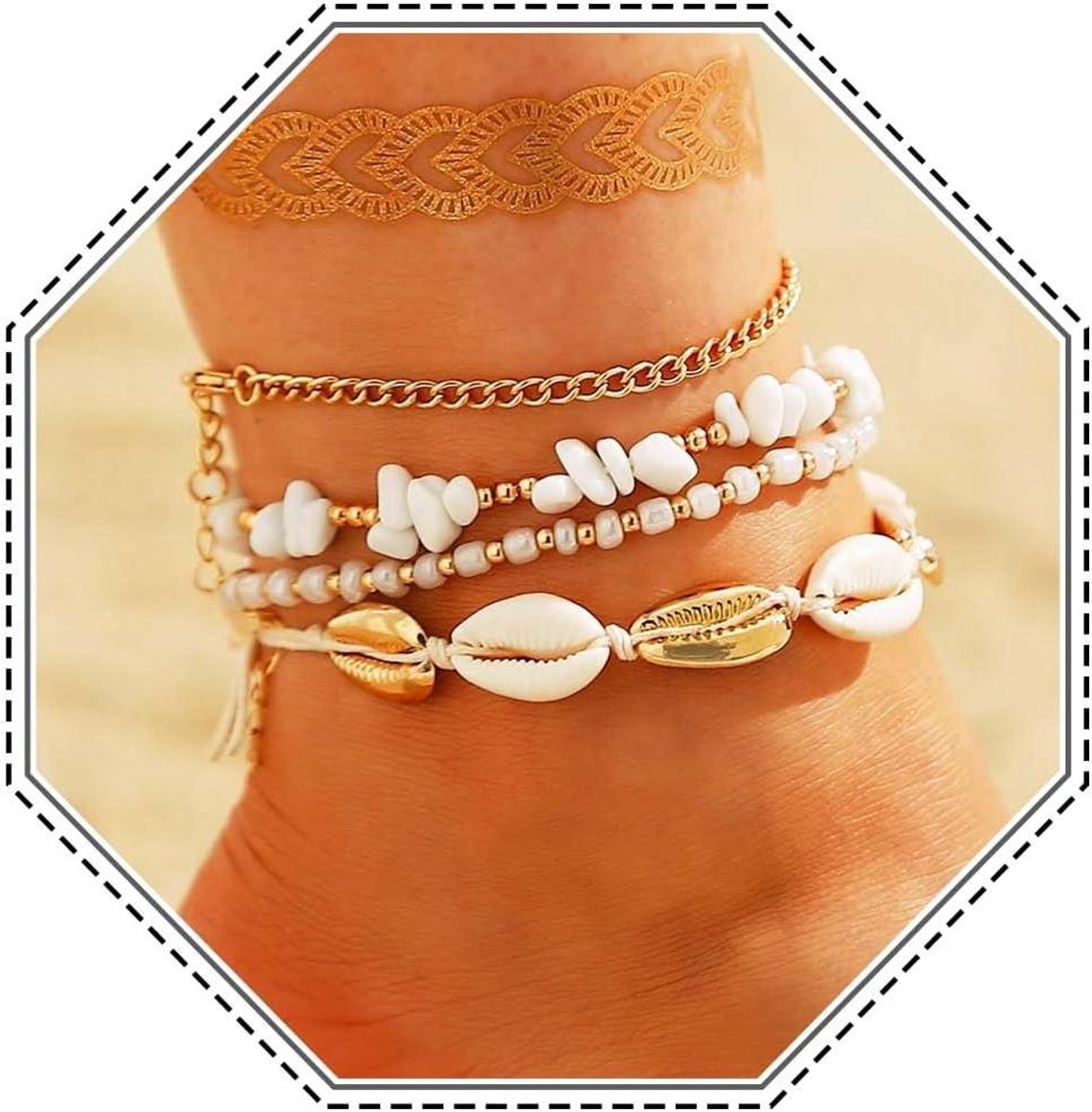 JHubers Goods - Boho Gelaagde Enkelbandje met Schelpen - Goud - Strand Voet Sieraden - Verstelbare Armband - Vrouwen en Meisjes - Set van 4 Stuks