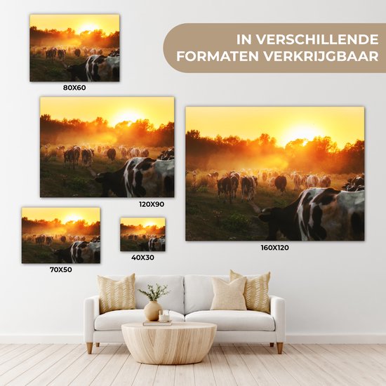 Tableau toile vache - Vache - Animaux - Nature - Coucher de soleil - Arbres - 80x60 cm - Toile - Décoration murale