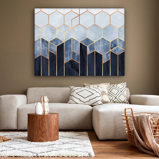 Toile Peinture Hexagone - Gold - Luxe - Motifs - 160x120 cm - Décoration murale XXL