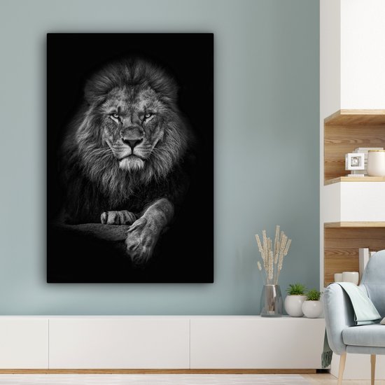 Tableau sur toile - Animaux sauvages - Lion - Zwart - Wit - Toile sur toile - Tableau sur toile - 80x120 cm - Salon - Décoration murale